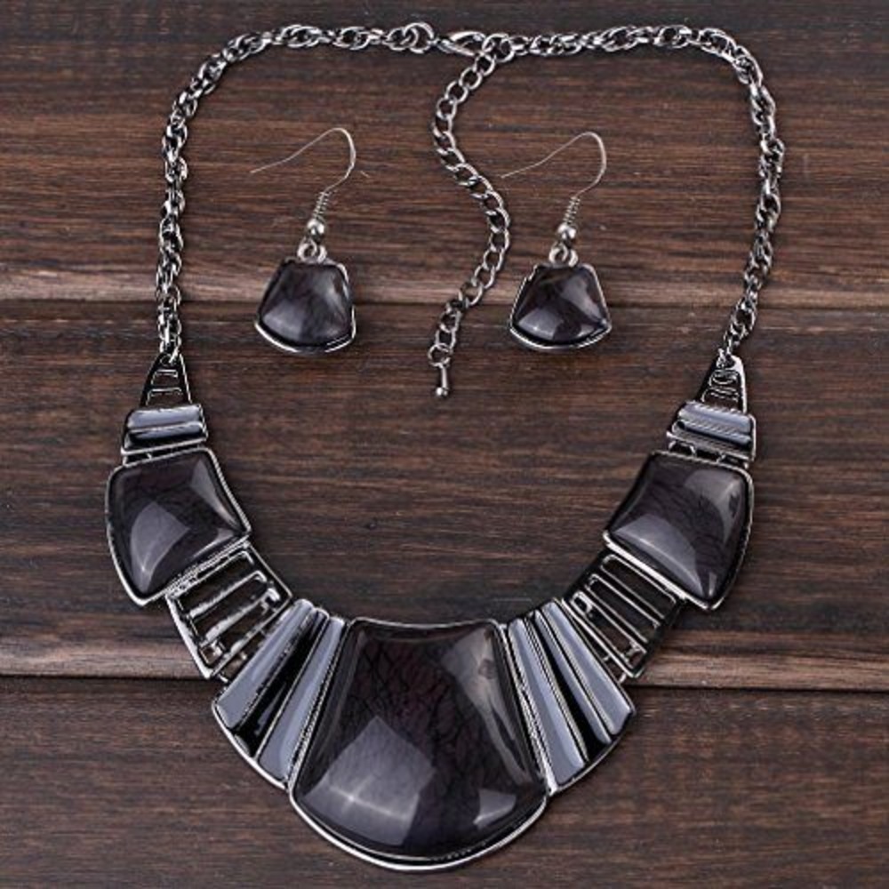 Black Statement Bib Necklace and Earring Set Gunmetal Tone Geometric Jewelry